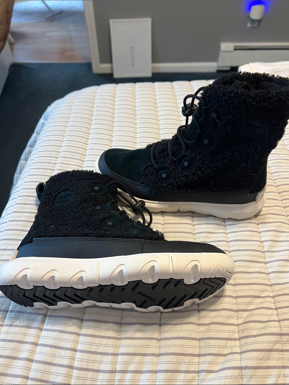 Sorel Black Sherpa Lace-Up Winter Boot with White Sole